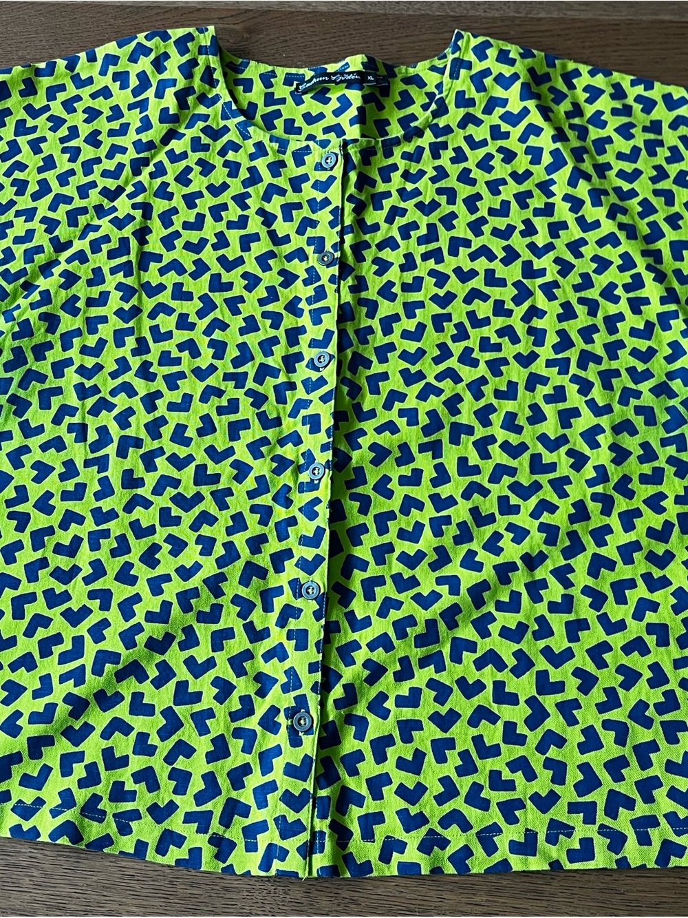 Gudrun Sjoden Lime Green and Navy Button-Down Shirt Swedish Linen Colorful Fun - Picture 2 of 6